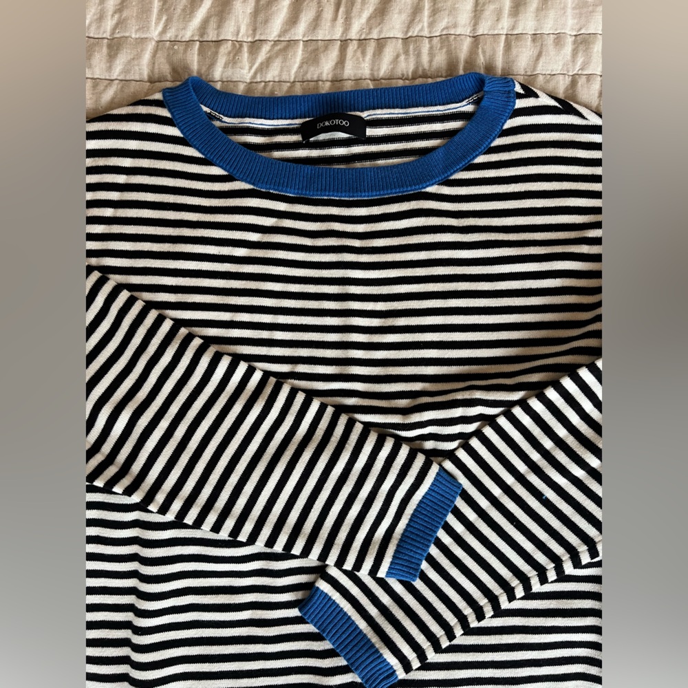 Striped Black and White Top with Blue Accents